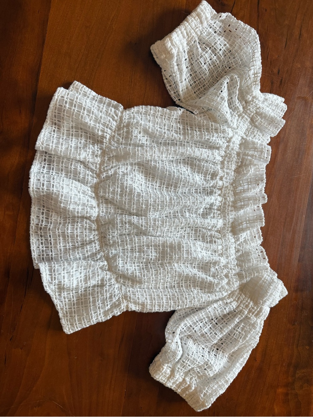 Express White Eyelet Off-Shoulder Ruffle Crop Top